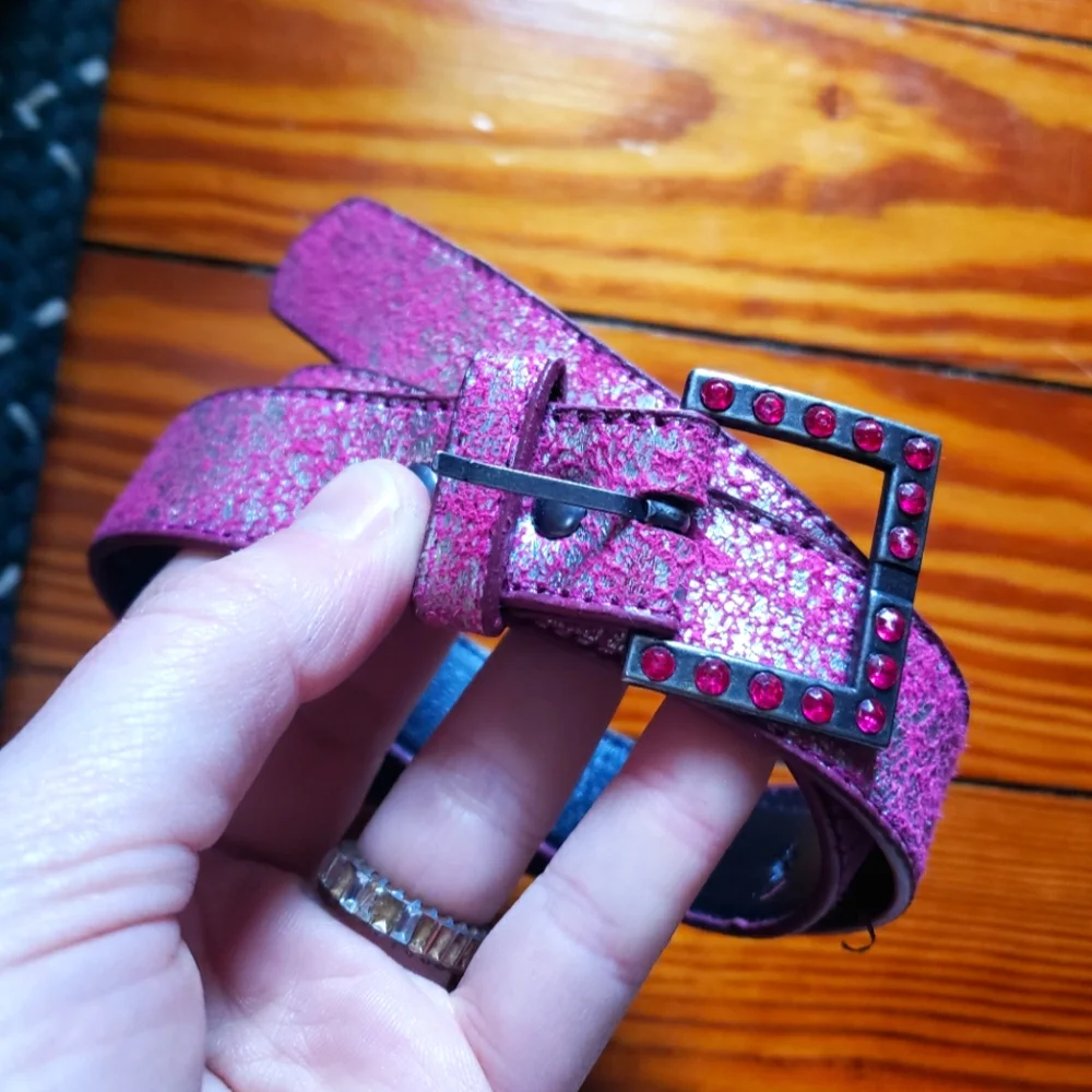 Kids Girls 5 5T Fushia Pink Silver Metallic Shimmer Belt with Studded Buckle